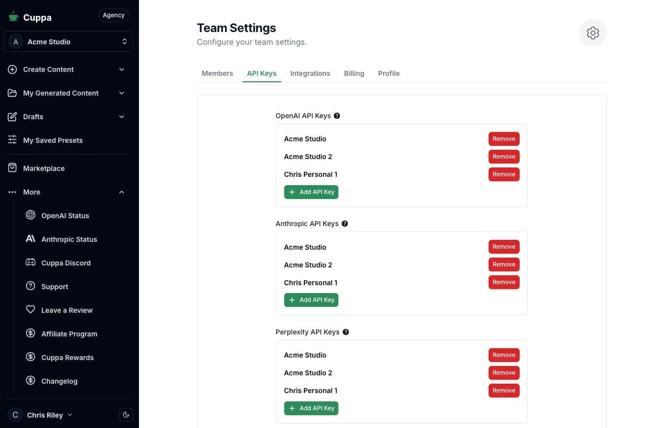 Cuppa API and execution settings