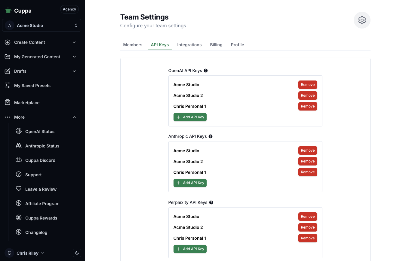 CuppaNew | API Kets Settings View 1