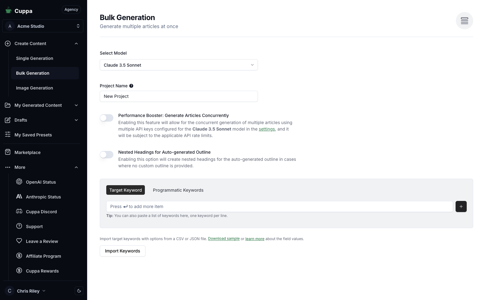 CuppaNew | Bulk Generation View 1